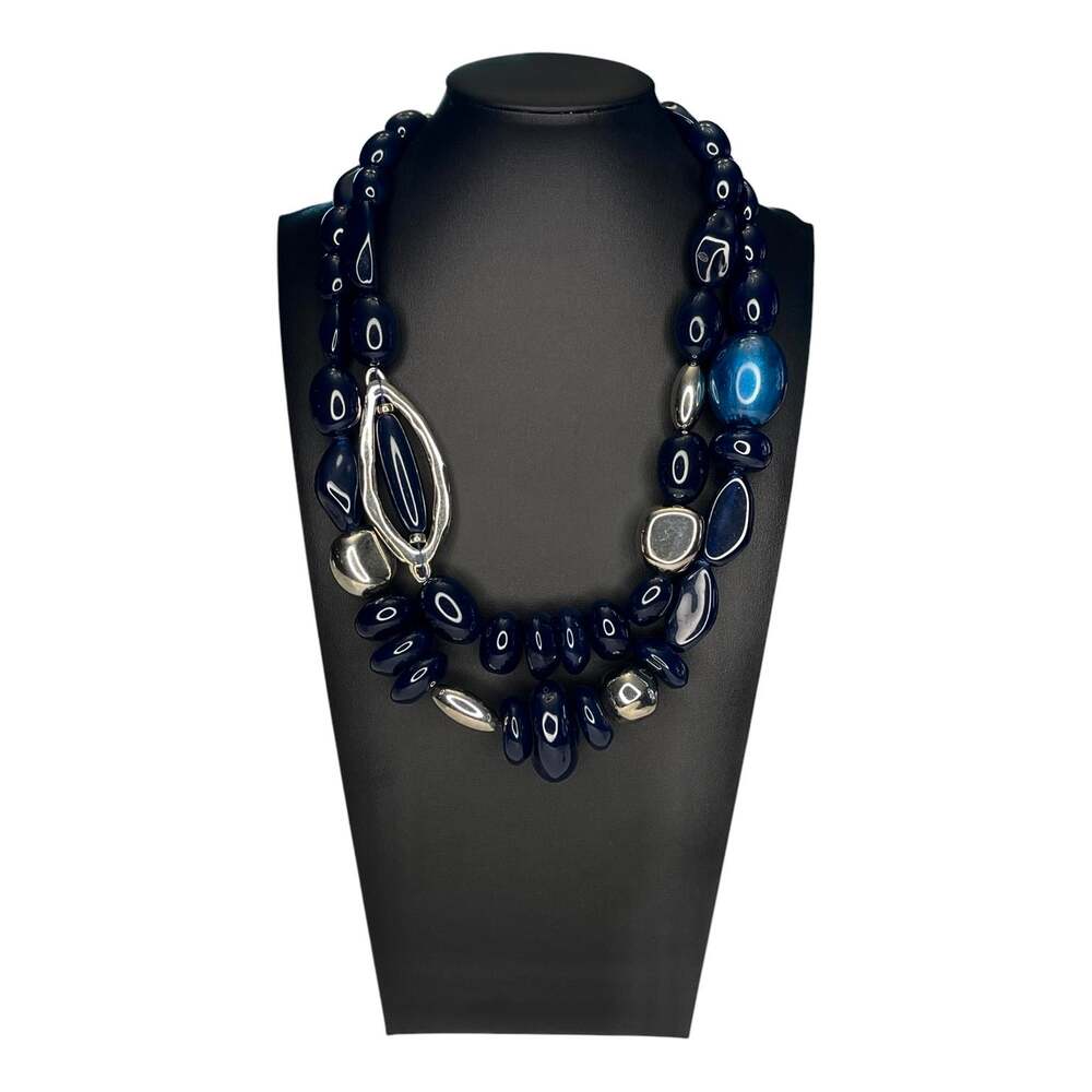 CHICO'S Signed MULTI-STRAND CHUNKY BEADED Necklace NAVY BLUE 21” to 25” Long